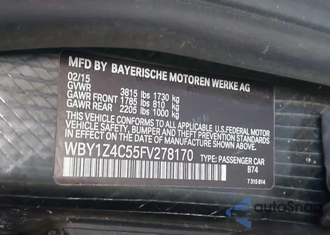 2015 BMW I3 Base W/Range Extender z USA, uszkodzony, nr VIN WBY1Z4C55FV278170